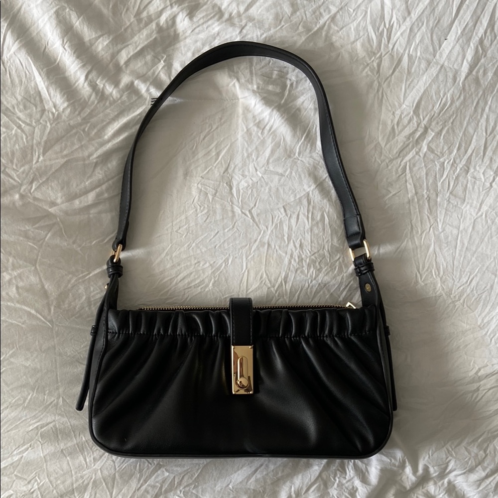 Black Ruched Leather Shoulder Bag with Silver Hardware